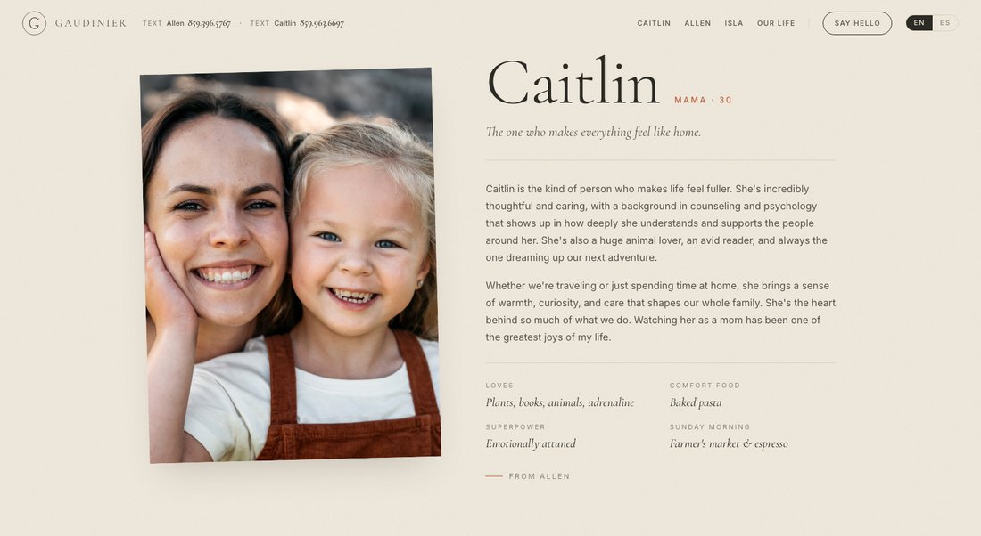 A personal profile page from the Gaudinier family website