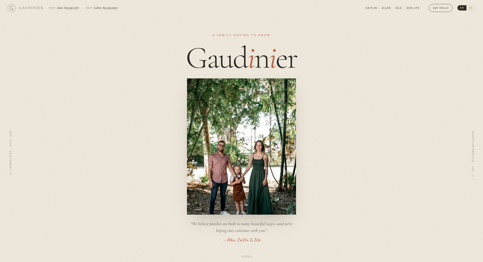 The Gaudinier family's custom website — their name in large serif type above a family photo and a personal welcome